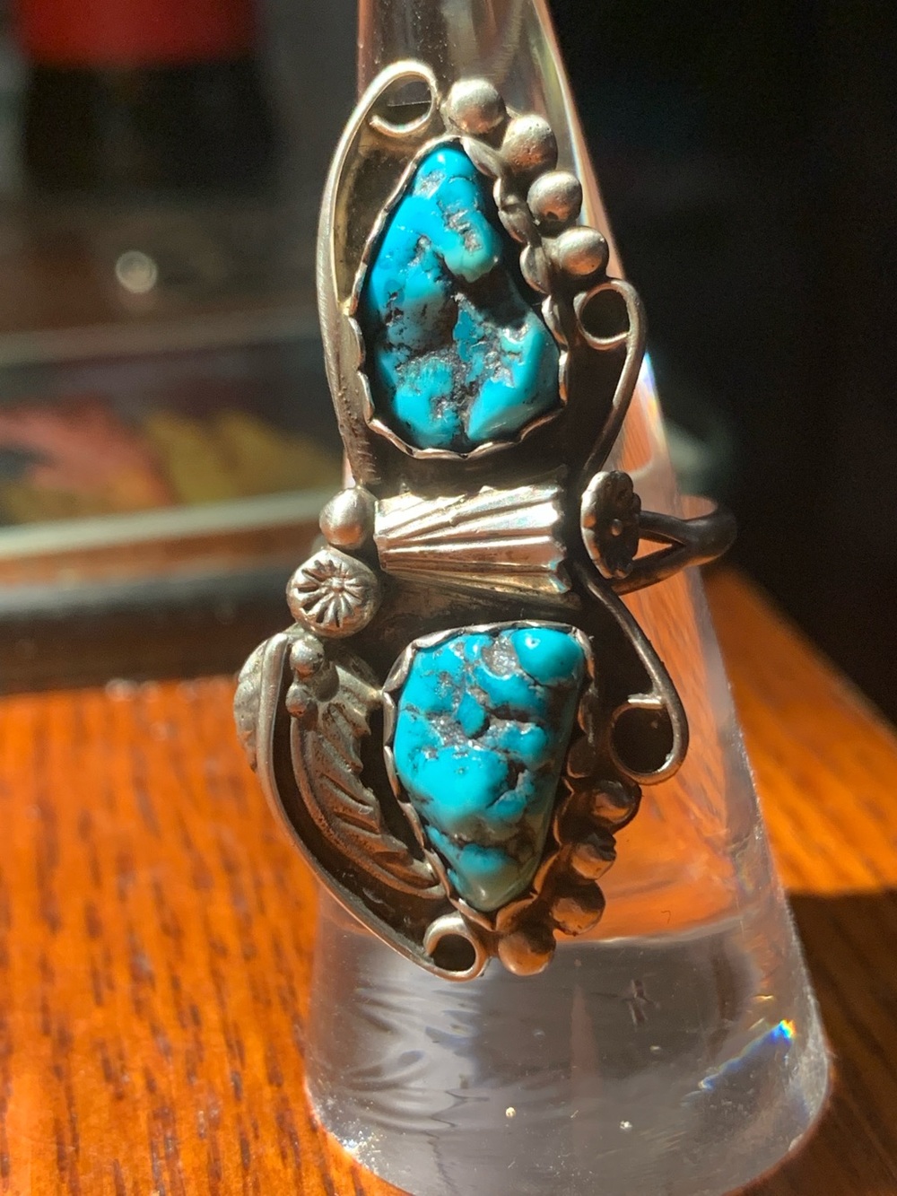 Vintage Navajo 2 Turquoise Stone Ring 6.81 grams